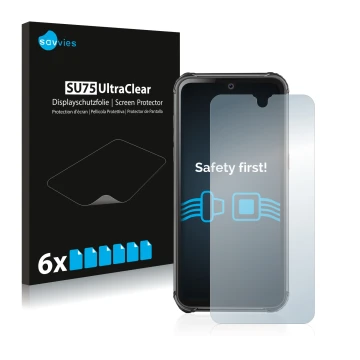Parte frontal de un envase de producto con el logotipo de la marca Savvies. Al lado se muestra el dispositivo Blackview BV9800