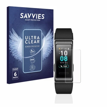 Parte frontal de un envase de producto con el logotipo de la marca Savvies. Al lado se muestra el dispositivo Huawei Band 4 Pr