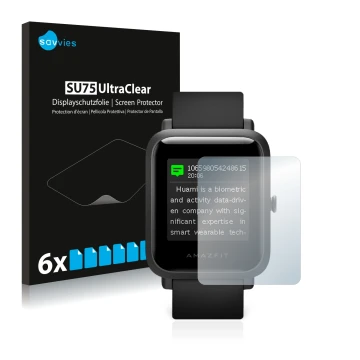 Parte frontal de un envase de producto con el logotipo de la marca Savvies. Al lado se muestra el dispositivo Huami Amazfit Bi