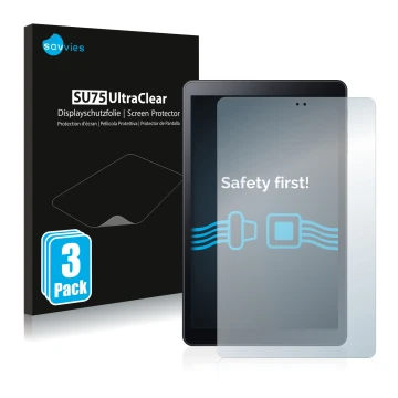 Parte frontal de un envase de producto con el logotipo de la marca Savvies. Al lado se muestra el dispositivo Samsung Galaxy T