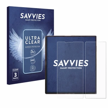 Parte frontal de un envase de producto con el logotipo de la marca Savvies. Al lado se muestra el dispositivo Huawei Mate Xs c