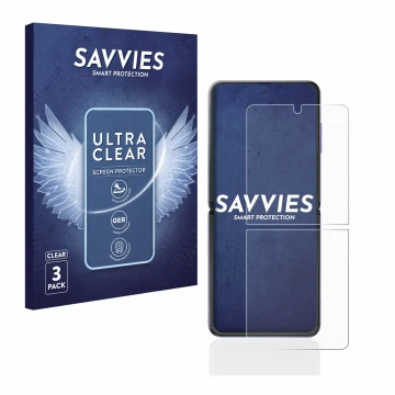 Parte frontal de un envase de producto con el logotipo de la marca Savvies. Al lado se muestra el dispositivo Samsung Galaxy Z