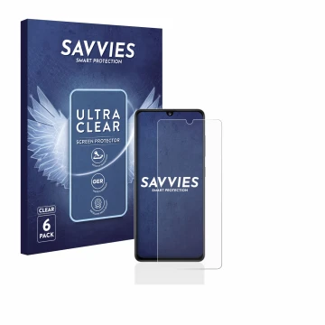 Parte frontal de un envase de producto con el logotipo de la marca Savvies. Al lado se muestra el dispositivo Samsung Galaxy A