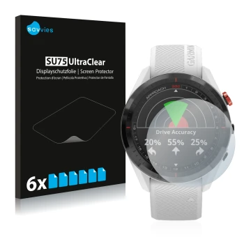 Parte frontal de un envase de producto con el logotipo de la marca Savvies. Al lado se muestra el dispositivo Garmin Approach 