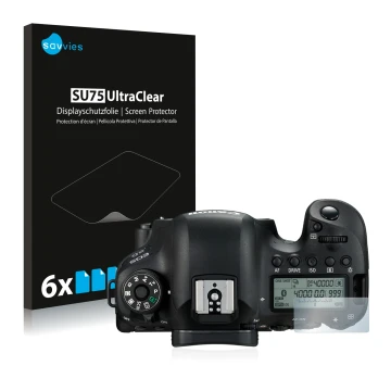 Parte frontal de un envase de producto con el logotipo de la marca Savvies. Al lado se muestra el dispositivo Canon EOS 6D (pa