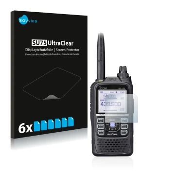 Parte frontal de un envase de producto con el logotipo de la marca Savvies. Al lado se muestra el dispositivo Icom ID-51E Plus