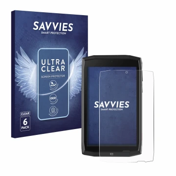 Parte frontal de un envase de producto con el logotipo de la marca Savvies. Al lado se muestra el dispositivo Crosscall Core T