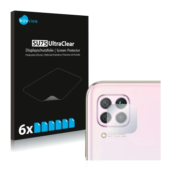 Parte frontal de un envase de producto con el logotipo de la marca Savvies. Al lado se muestra el dispositivo Huawei P40 lite 