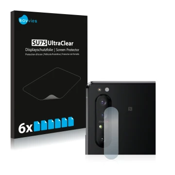 Parte frontal de un envase de producto con el logotipo de la marca Savvies. Al lado se muestra el dispositivo Sony Xperia 1 II