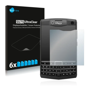 Parte frontal de un envase de producto con el logotipo de la marca Savvies. Al lado se muestra el dispositivo Unihertz Titan c