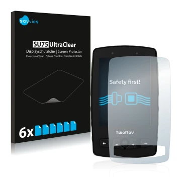 Parte frontal de un envase de producto con el logotipo de la marca Savvies. Al lado se muestra el dispositivo TwoNav Aventura 