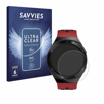 Parte frontal de un envase de producto con el logotipo de la marca Savvies. Al lado se muestra el dispositivo Huawei Watch GT 