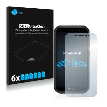 Parte frontal de un envase de producto con el logotipo de la marca Savvies. Al lado se muestra el dispositivo Ulefone Armor X7