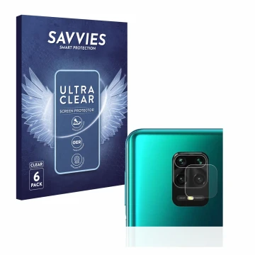 Parte frontal de un envase de producto con el logotipo de la marca Savvies. Al lado se muestra el dispositivo Xiaomi Redmi Not