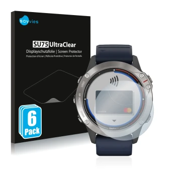 Parte frontal de un envase de producto con el logotipo de la marca Savvies. Al lado se muestra el dispositivo Garmin quatix 6 