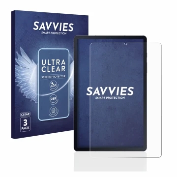 Parte frontal de un envase de producto con el logotipo de la marca Savvies. Al lado se muestra el dispositivo Samsung Galaxy T