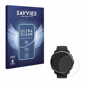 Parte frontal de un envase de producto con el logotipo de la marca Savvies. Al lado se muestra el dispositivo Polar Grit X con