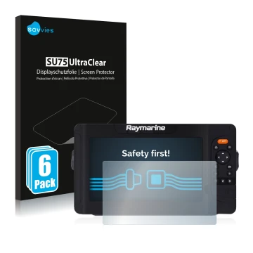 Parte frontal de un envase de producto con el logotipo de la marca Savvies. Al lado se muestra el dispositivo Raymarine Elemen