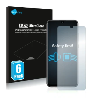 Parte frontal de un envase de producto con el logotipo de la marca Savvies. Al lado se muestra el dispositivo Huawei P smart 2