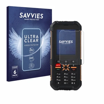 Parte frontal de un envase de producto con el logotipo de la marca Savvies. Al lado se muestra el dispositivo RugGear RG170 co