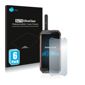 Parte frontal de un envase de producto con el logotipo de la marca Savvies. Al lado se muestra el dispositivo Ulefone Armor 3w