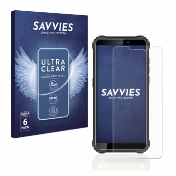 Parte frontal de un envase de producto con el logotipo de la marca Savvies. Al lado se muestra el dispositivo Oukitel WP5 con 