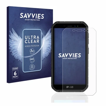 Parte frontal de un envase de producto con el logotipo de la marca Savvies. Al lado se muestra el dispositivo Ulefone Armor X7