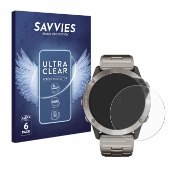 Parte frontal de un envase de producto con el logotipo de la marca Savvies. Al lado se muestra el dispositivo Garmin quatix 6x