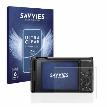 Parte frontal de un envase de producto con el logotipo de la marca Savvies. Al lado se muestra el dispositivo Sony ZV-1 con su