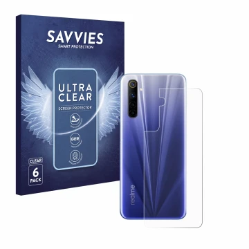 Parte frontal de un envase de producto con el logotipo de la marca Savvies. Al lado se muestra el dispositivo realme 6 (Traser