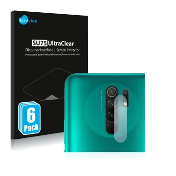 Parte frontal de un envase de producto con el logotipo de la marca Savvies. Al lado se muestra el dispositivo Xiaomi Redmi 9 (