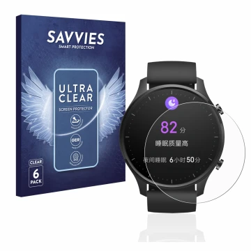 Parte frontal de un envase de producto con el logotipo de la marca Savvies. Al lado se muestra el dispositivo Xiaomi Mi Watch 