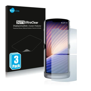 Parte frontal de un envase de producto con el logotipo de la marca Savvies. Al lado se muestra el dispositivo Motorola Razr 5G