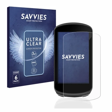 Parte frontal de un envase de producto con el logotipo de la marca Savvies. Al lado se muestra el dispositivo Garmin Edge 1030