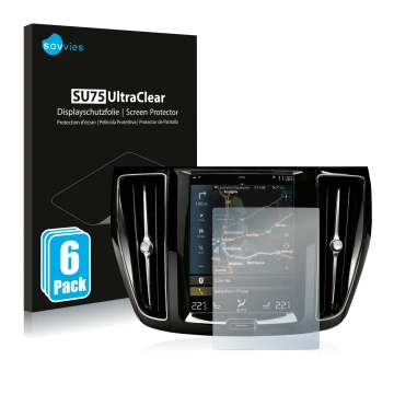 Parte frontal de un envase de producto con el logotipo de la marca Savvies. Al lado se muestra el dispositivo Volvo S60 Sensus