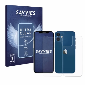 Parte frontal de un envase de producto con el logotipo de la marca Savvies. Al lado se muestra el dispositivo Apple iPhone 12 