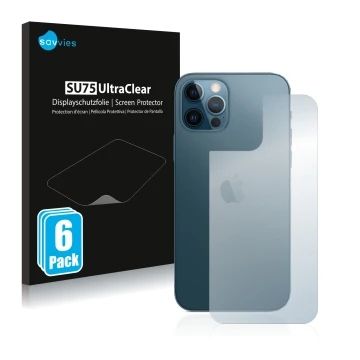 Parte frontal de un envase de producto con el logotipo de la marca Savvies. Al lado se muestra el dispositivo Apple iPhone 12 