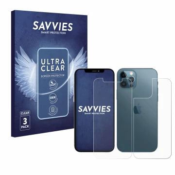 Parte frontal de un envase de producto con el logotipo de la marca Savvies. Al lado se muestra el dispositivo Apple iPhone 12 