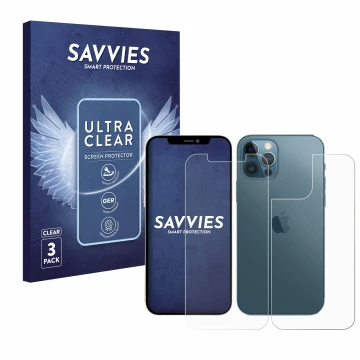 Parte frontal de un envase de producto con el logotipo de la marca Savvies. Al lado se muestra el dispositivo Apple iPhone 12 