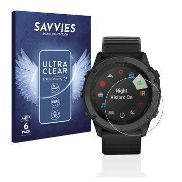 Parte frontal de un envase de producto con el logotipo de la marca Savvies. Al lado se muestra el dispositivo Garmin Tactix De