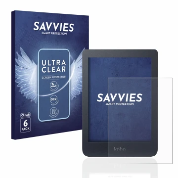 Parte frontal de un envase de producto con el logotipo de la marca Savvies. Al lado se muestra el dispositivo Kobo Nia con su 