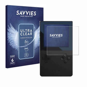 Parte frontal de un envase de producto con el logotipo de la marca Savvies. Al lado se muestra el dispositivo Analogue Pocket 