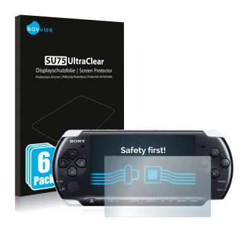 Parte frontal de un envase de producto con el logotipo de la marca Savvies. Al lado se muestra el dispositivo Sony PSP 3003 co