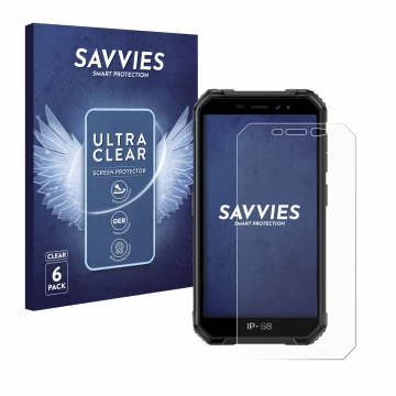 Parte frontal de un envase de producto con el logotipo de la marca Savvies. Al lado se muestra el dispositivo Ulefone Armor X6