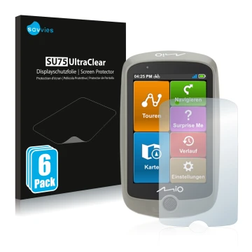 Parte frontal de un envase de producto con el logotipo de la marca Savvies. Al lado se muestra el dispositivo Mitac Mio Cyclo 