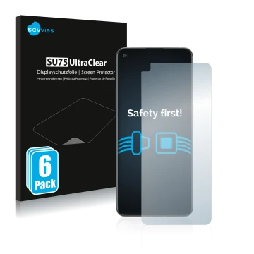 Parte frontal de un envase de producto con el logotipo de la marca Savvies. Al lado se muestra el dispositivo OnePlus 8T con s