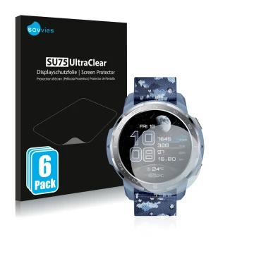 Parte frontal de un envase de producto con el logotipo de la marca Savvies. Al lado se muestra el dispositivo Honor Watch GS P