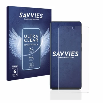 Parte frontal de un envase de producto con el logotipo de la marca Savvies. Al lado se muestra el dispositivo Samsung Galaxy S