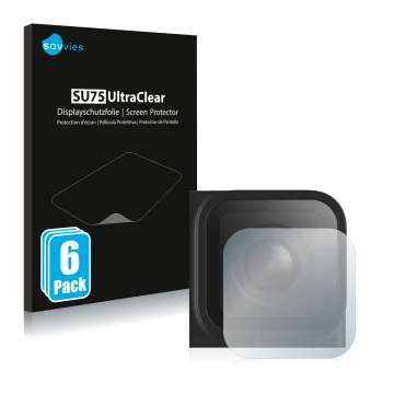 Parte frontal de un envase de producto con el logotipo de la marca Savvies. Al lado se muestra el dispositivo GoPro Hero 9 Bla