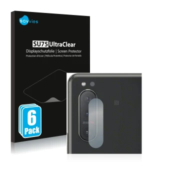 Parte frontal de un envase de producto con el logotipo de la marca Savvies. Al lado se muestra el dispositivo Sony Xperia 5 II